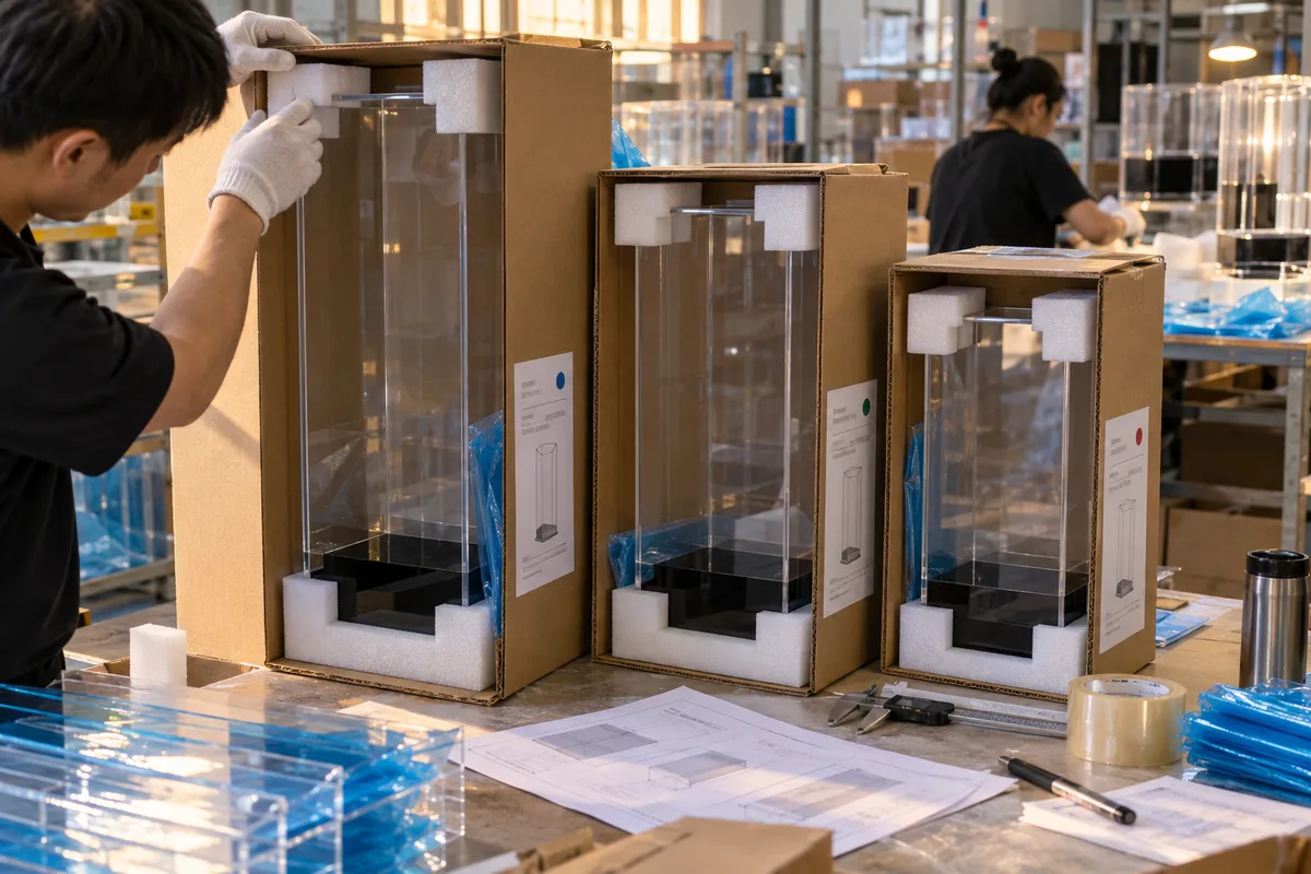 Clear acrylic display cases in three heights packed in labeled cartons