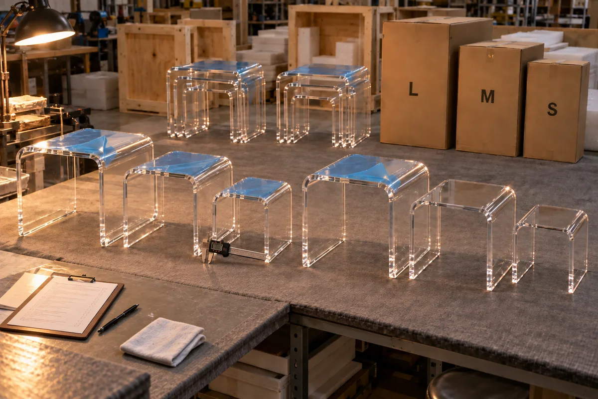 3-tier nesting clear acrylic side tables used as product pedestals from this order lined up on the QC table before packing