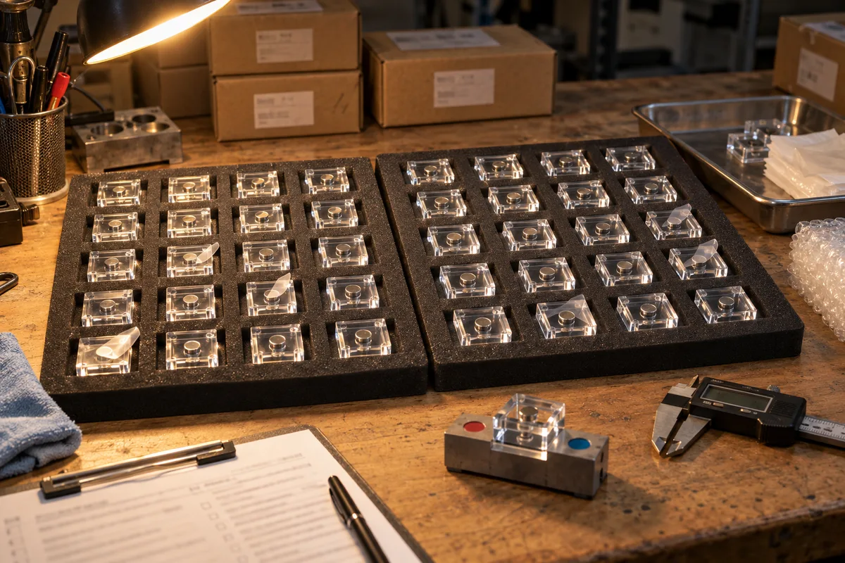 Clear CNC-machined acrylic component with embedded magnets that locates inside the buyer's finished product from this order lined up on the QC table before packing