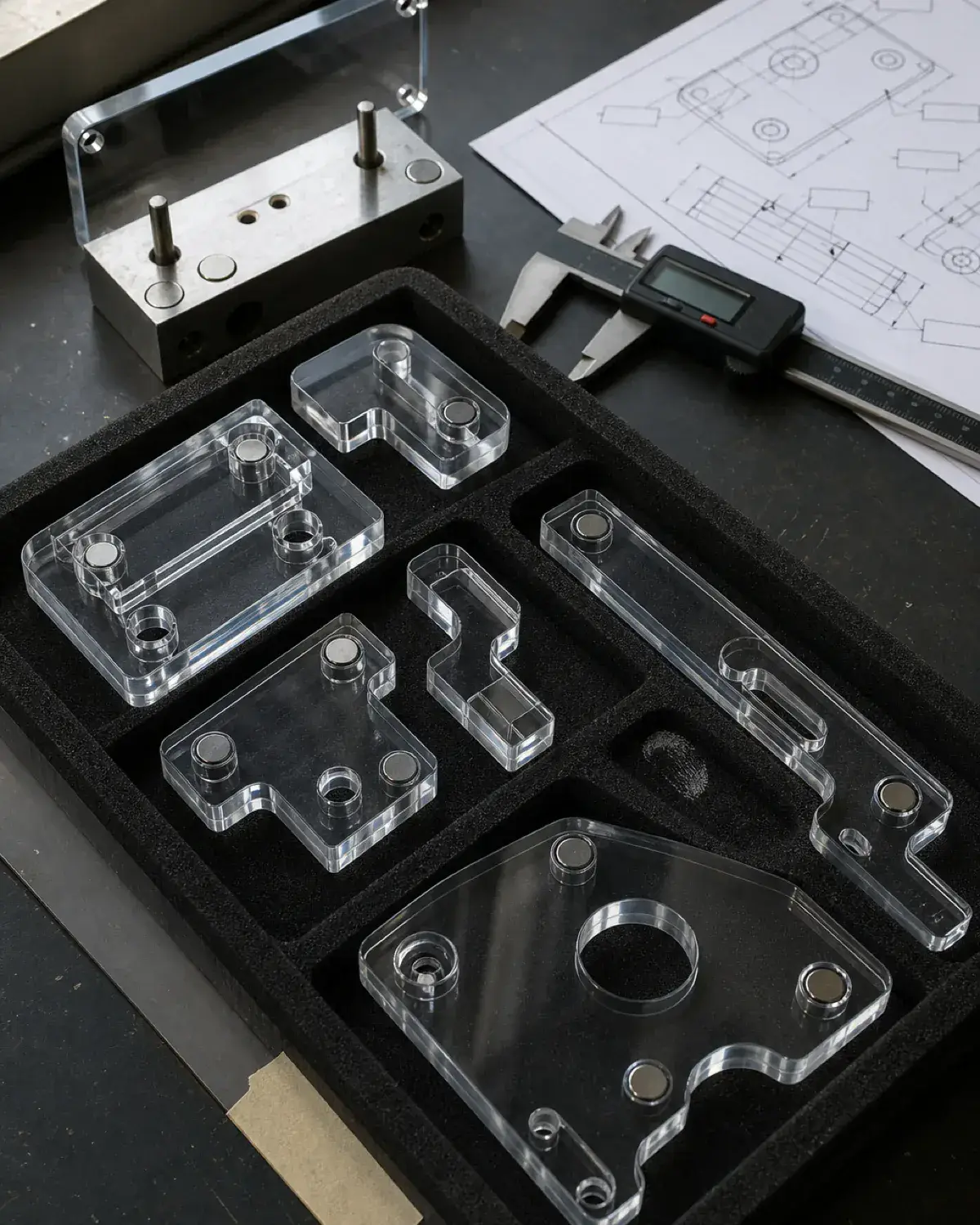 Clear CNC-machined acrylic components with embedded round magnets in a foam QC tray beside a polarity fixture, calipers, and a revision drawing