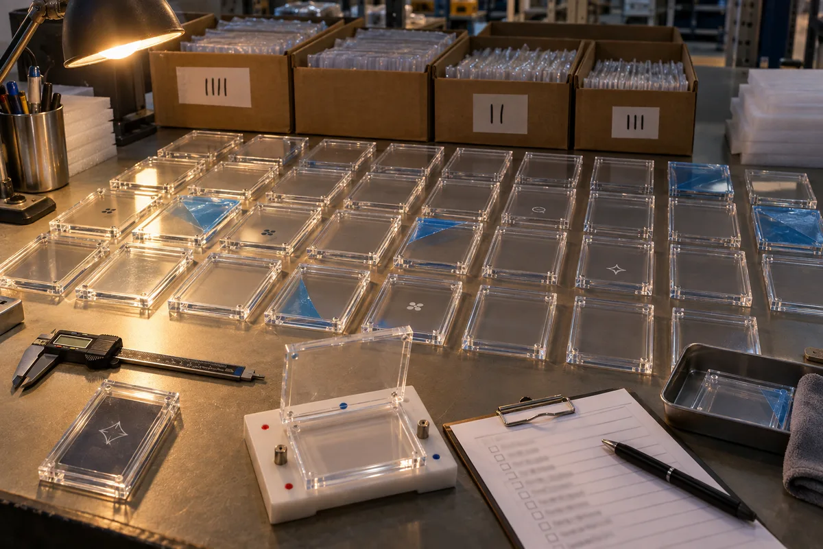 Clear two-part magnetic display case fitted to a PSA-format graded-card slab from this order lined up on the QC table before packing