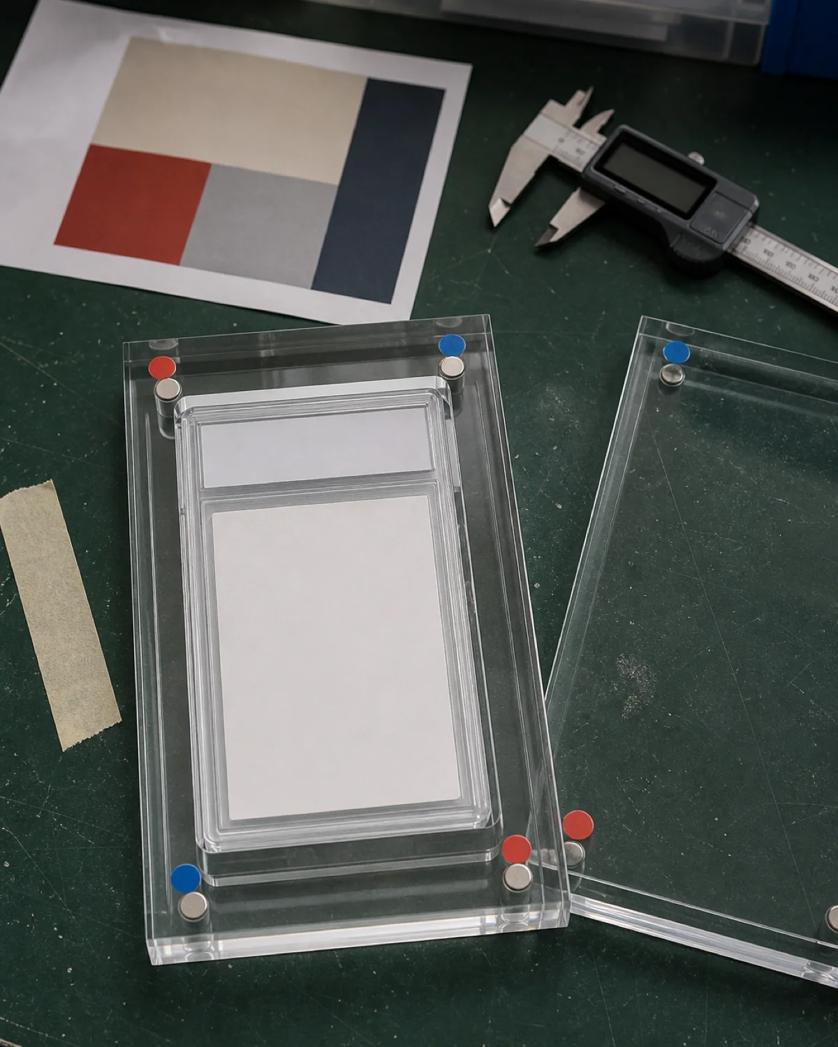 Blank-label graded-card slab inside a two-part magnetic clear acrylic case beside calipers, magnet polarity markers, and an unbranded artwork proof