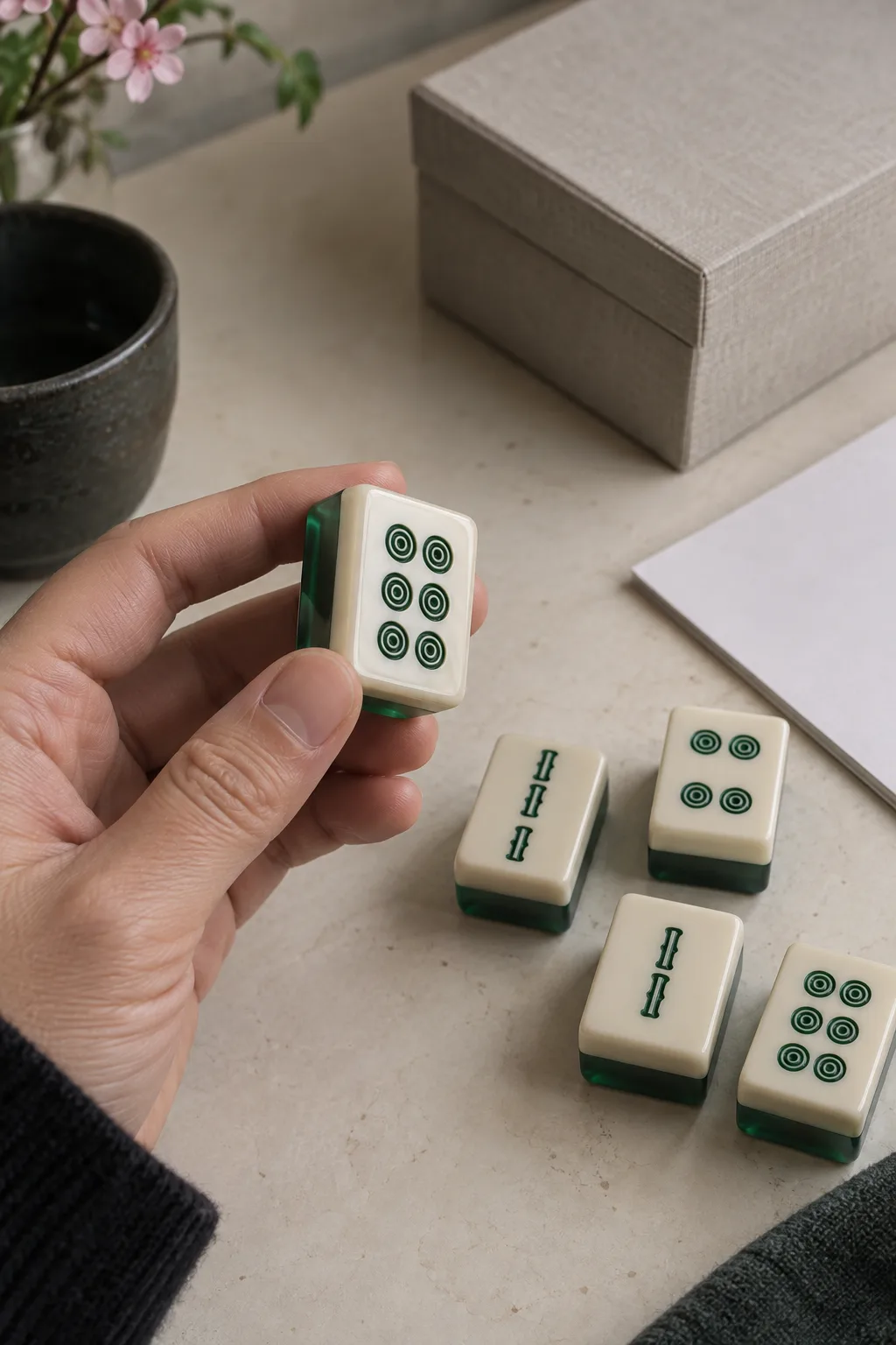 A hand checks an ivory-front jade-back acrylic tile beside matching production samples