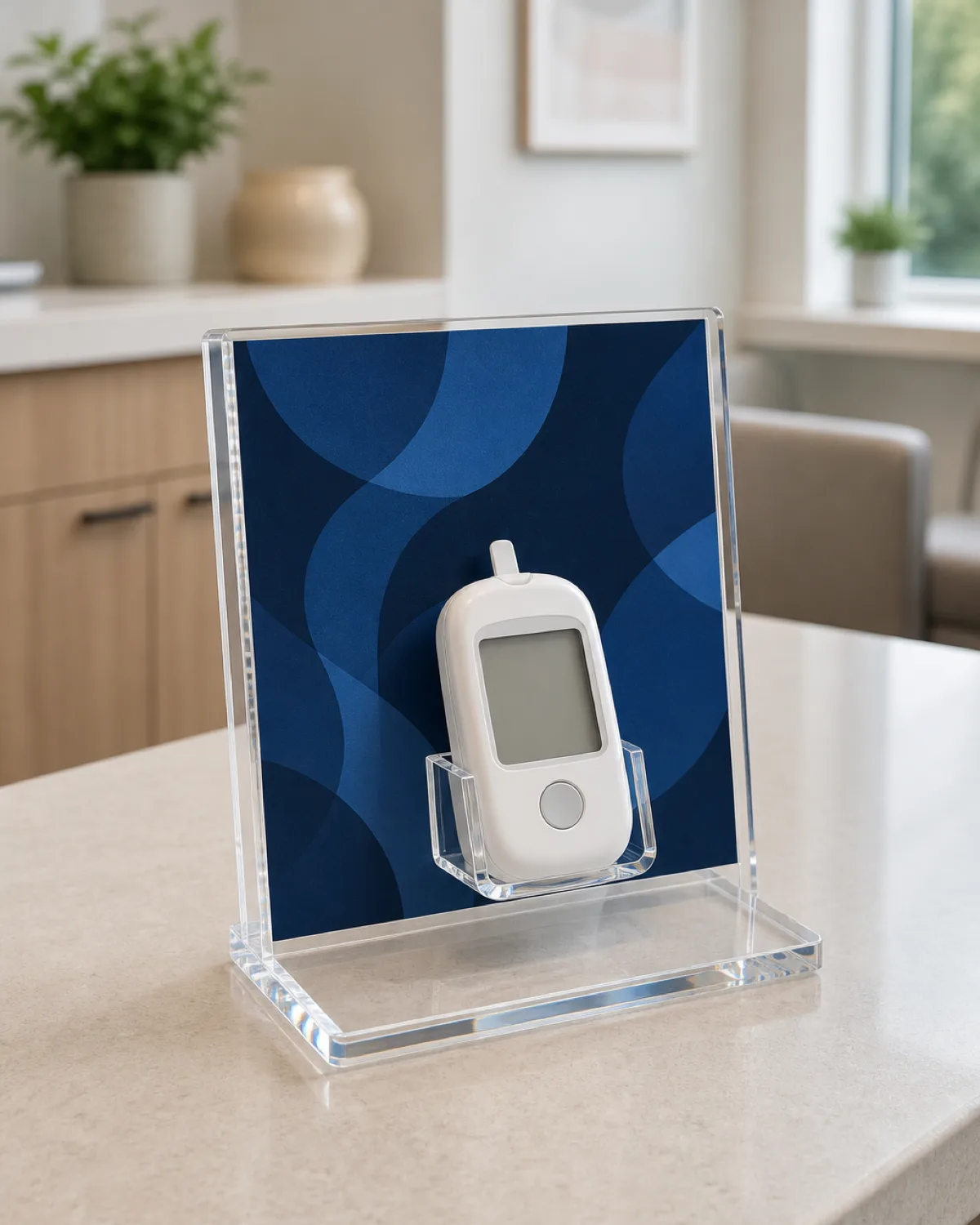 Square 6 x 6 in printed acrylic countertop display holding a small white medical device on a clinic counter, polished clear PMMA with dark blue printed artwork panel