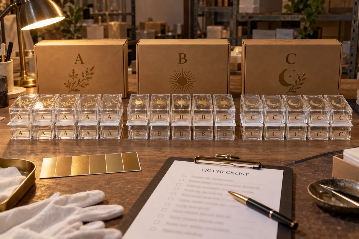 Clear acrylic presentation boxes with metallic-gold print over a white underbase from this order lined up on the QC table before packing