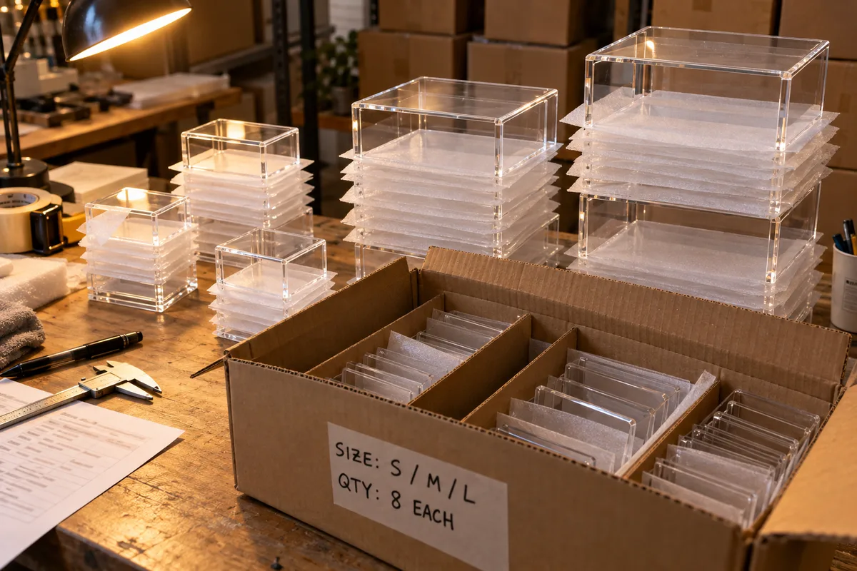 Five-sided from this order lined up on the QC table before packing