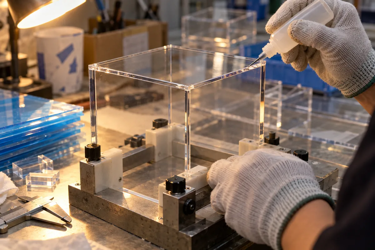 Bonded corner of a clear five-sided acrylic display cube in a square fixture