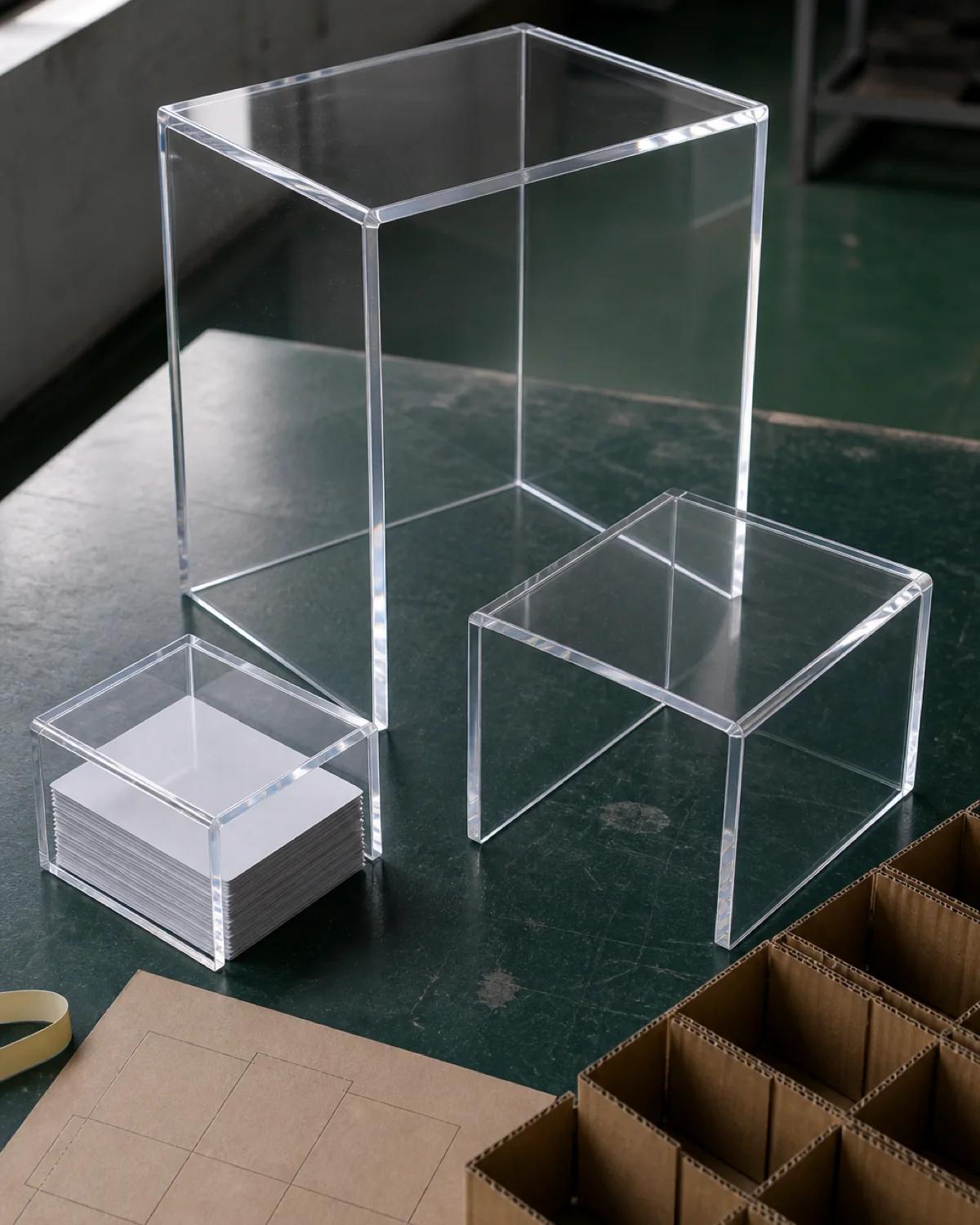 Three sizes of polished five-sided clear acrylic display cubes beside clean interleaves, a carton divider, and a packout drawing on a factory bench