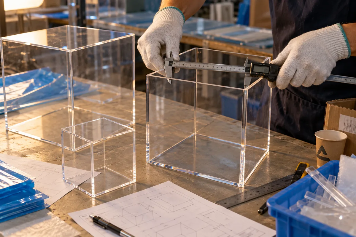 Measuring the inside dimension of a five-sided clear acrylic cube with a caliper
