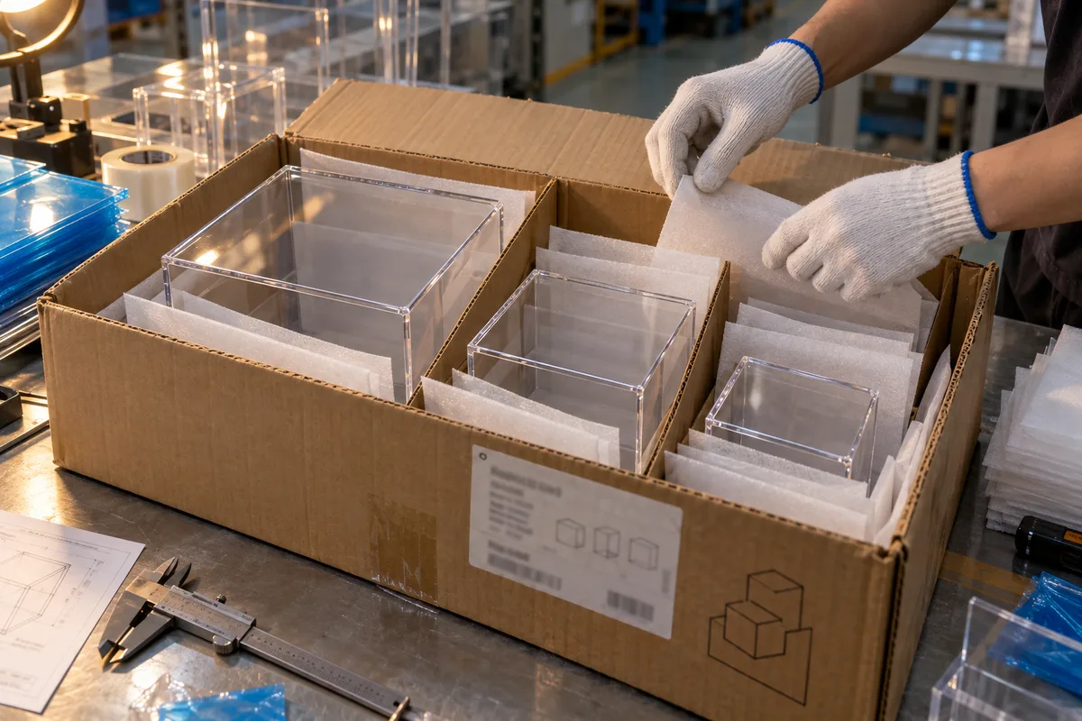Nested clear acrylic display cubes with interleaves and dividers in a labeled master carton