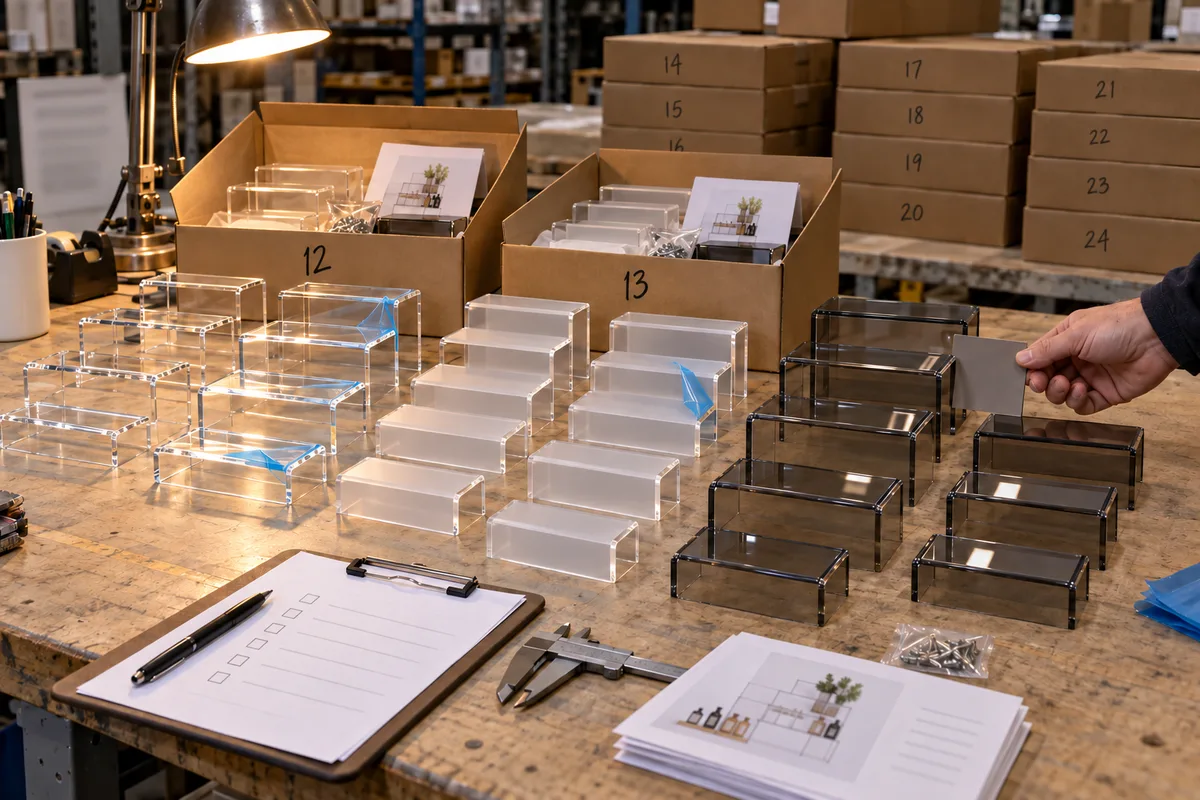 12-SKU multi-category acrylic retail display program: countertop risers from this order lined up on the QC table before packing
