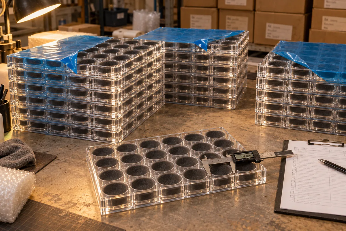 Flock-lined acrylic divider tray for optical lens transport from this order lined up on the QC table before packing