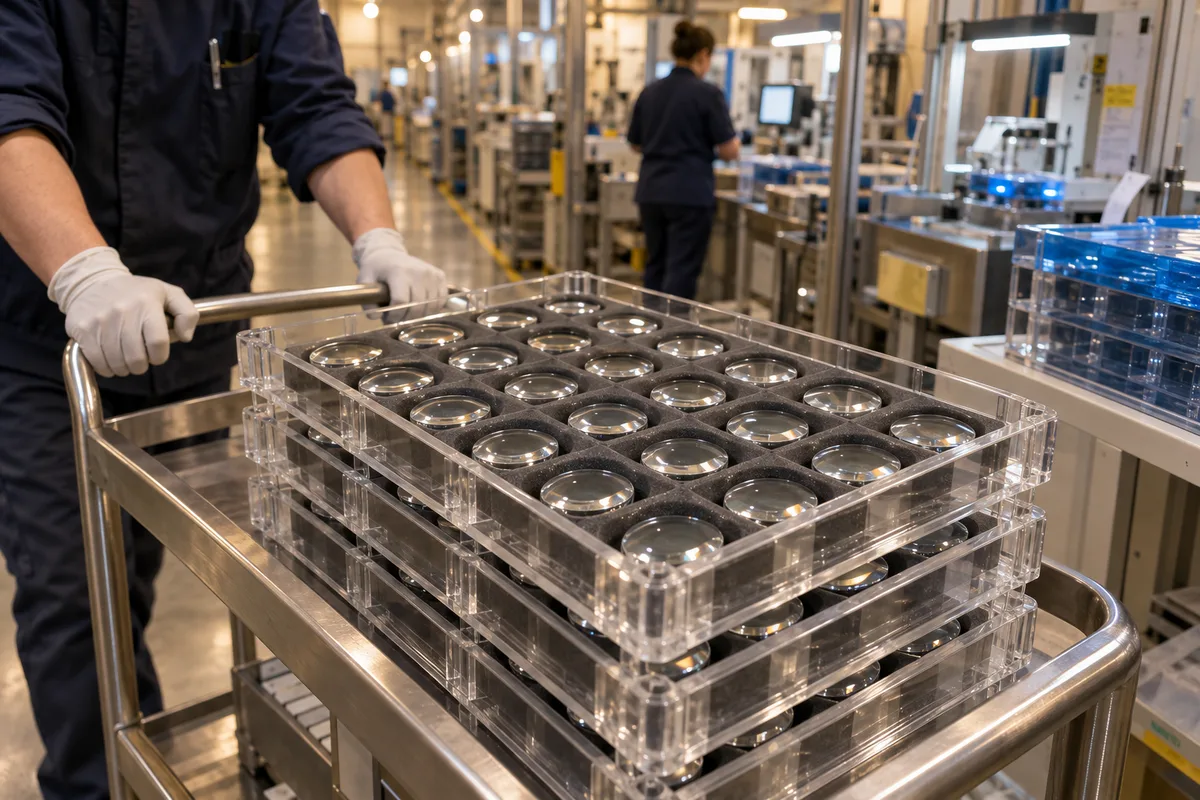 Stacked clear acrylic lens divider trays on a transport cart between process stations
