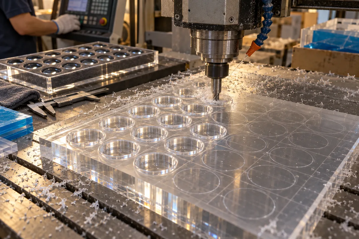 CNC routing round pockets into a clear acrylic optical lens divider tray