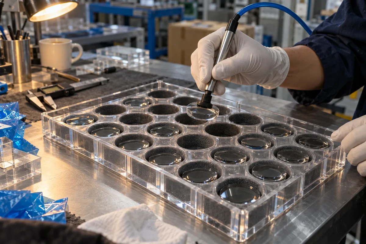 Vacuum pen lifting a lens blank from a flock-lined pocket in a clear acrylic divider tray