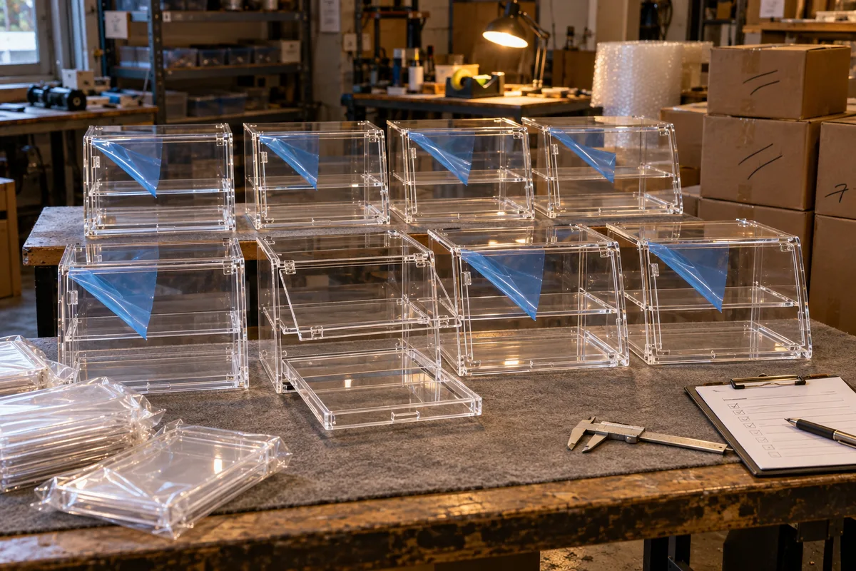 UV-filtering acrylic pastry display case with tip-out front pane and slide-out crumb tray from this order lined up on the QC table before packing