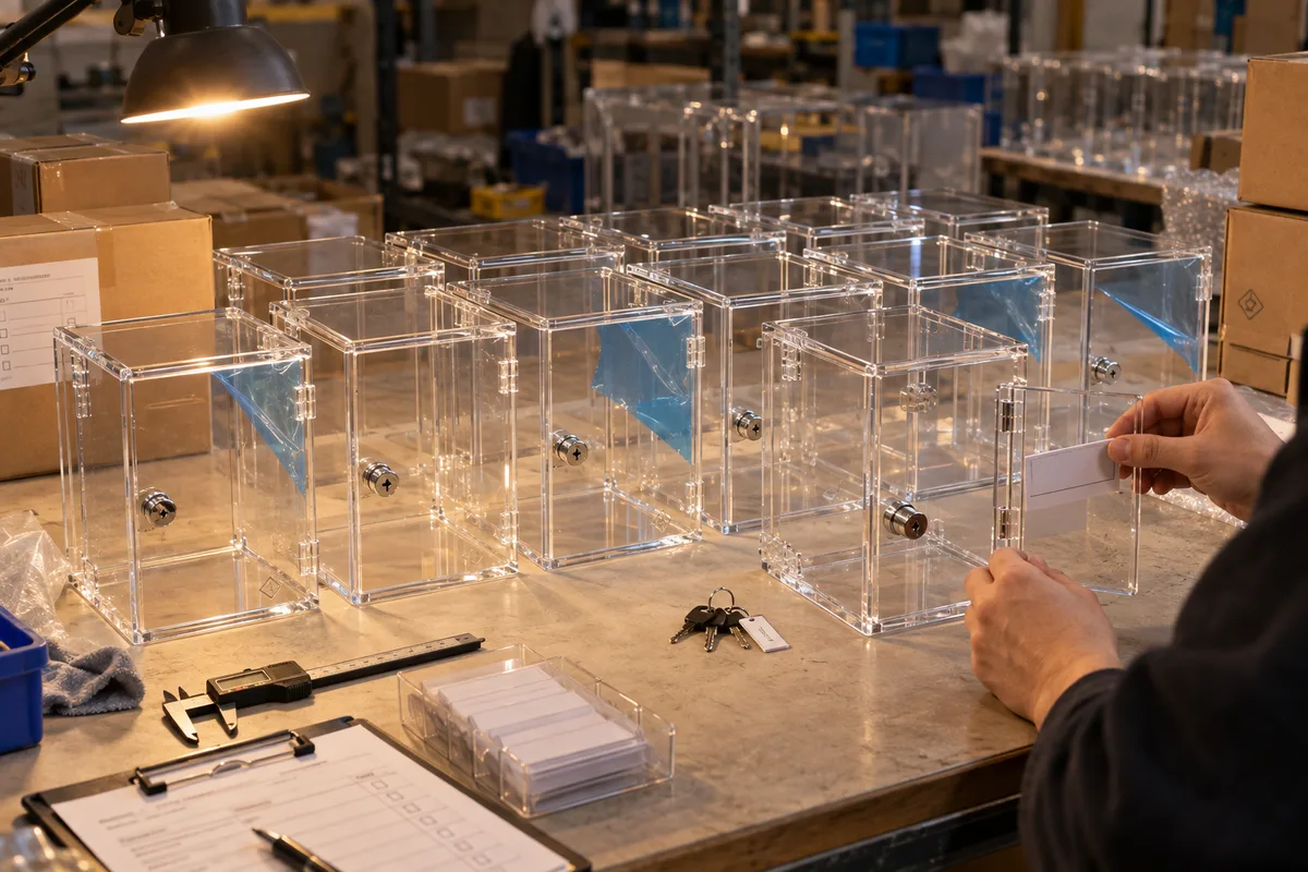 Locking acrylic OTC display case with hinged door and replaceable label pocket from this order lined up on the QC table before packing