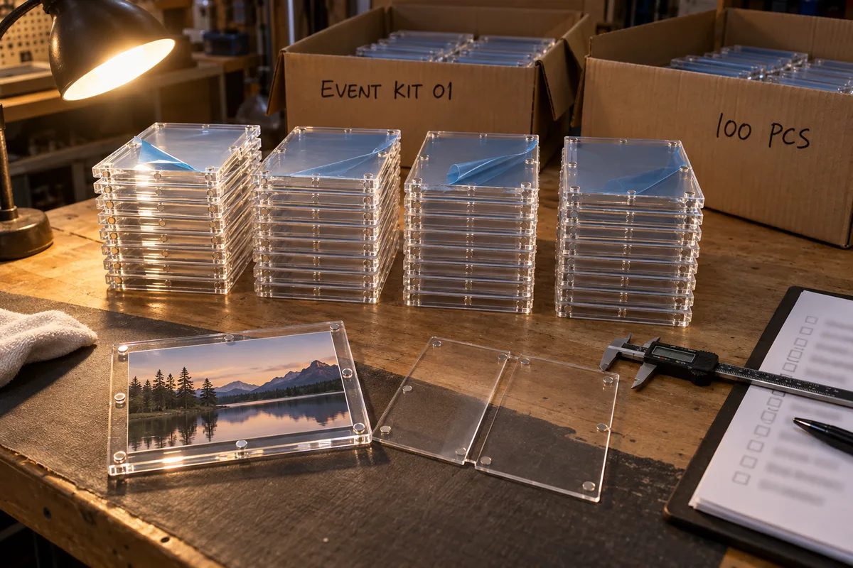 Acrylic magnetic photo frame from this order lined up on the QC table before packing