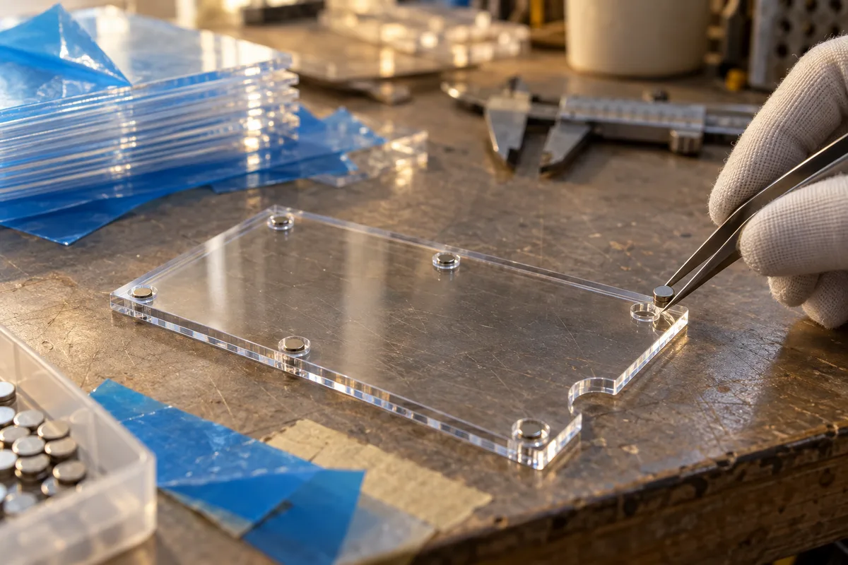 Small magnets placed into CNC pockets in a clear acrylic magnetic photo frame layer