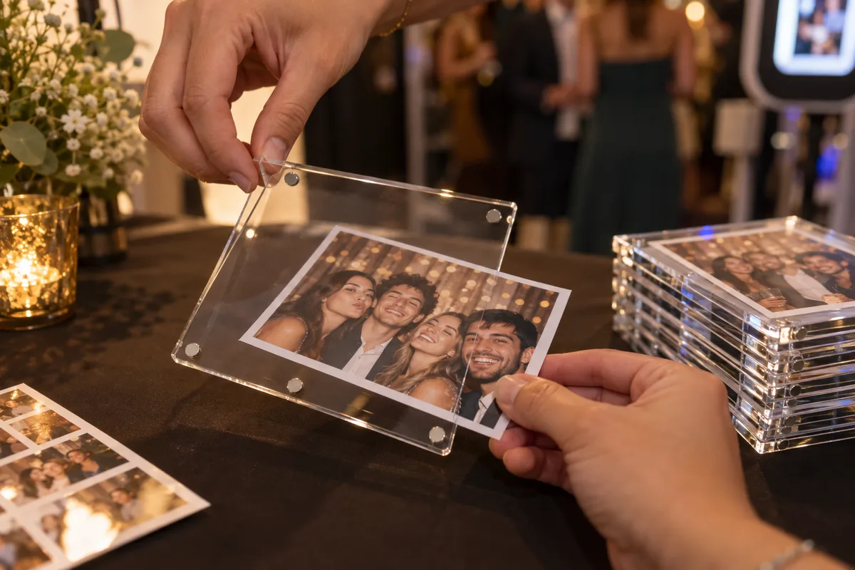 Event attendant inserting a 4x6 print into a clear acrylic magnetic frame at a photo booth
