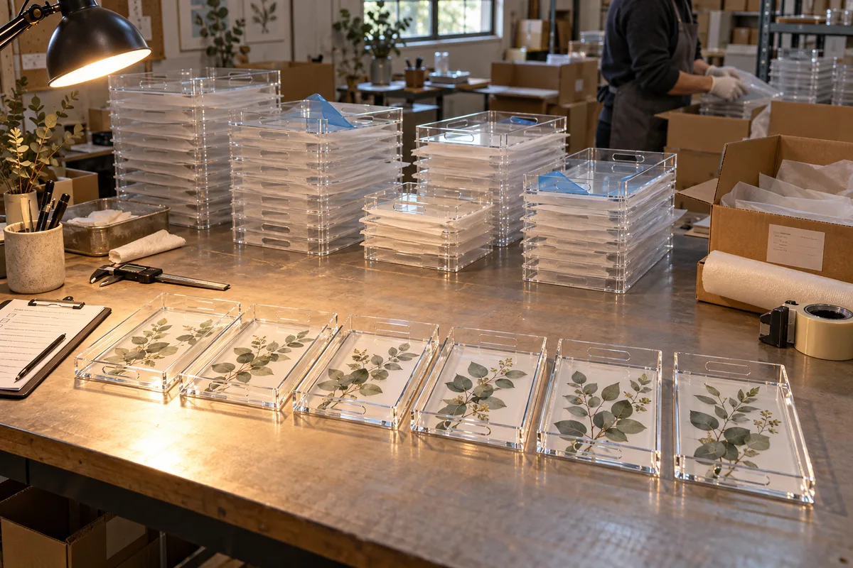 Blank acrylic photo trays plus batch bottom-printed catalog-design trays from this order lined up on the QC table before packing