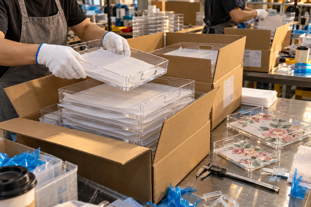 Blank clear acrylic photo trays stacked with interleaves in cartons