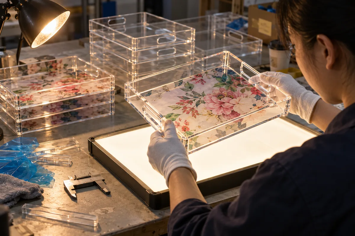 Inspecting a bottom-printed acrylic photo tray under raking light for dust specks