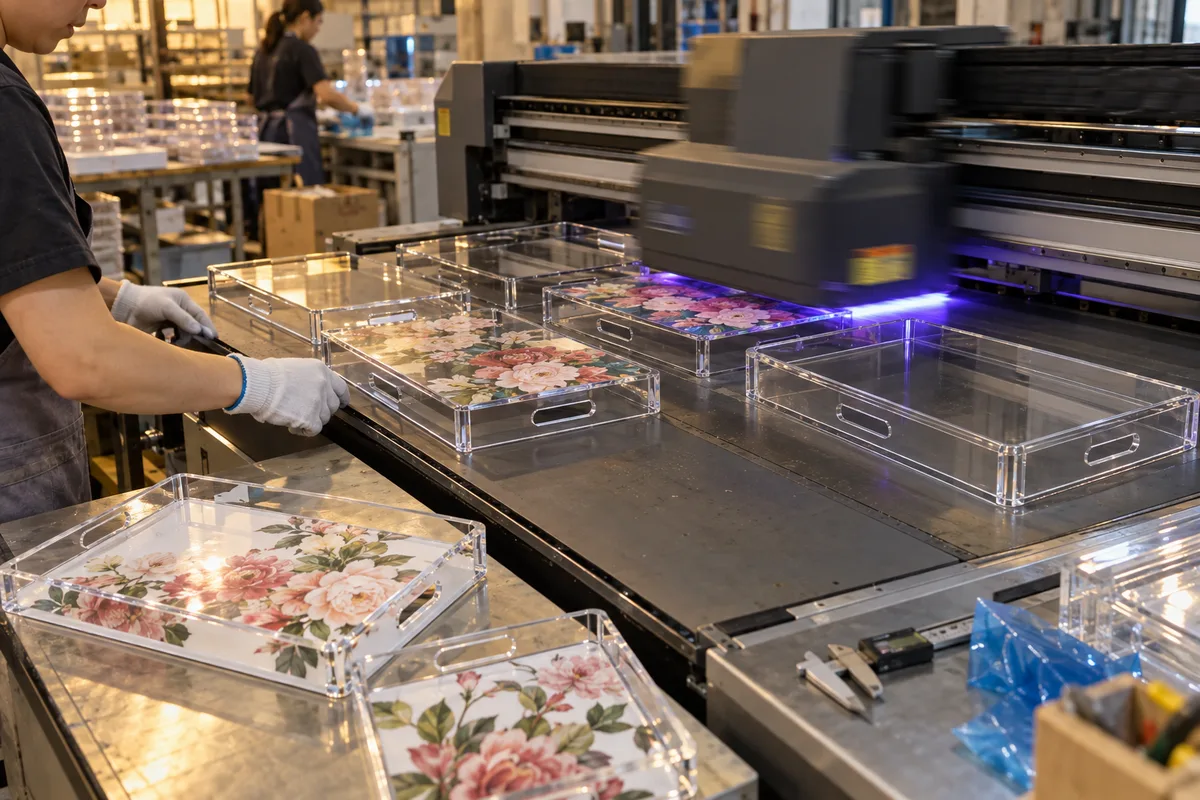 UV flatbed printer printing floral designs onto clear acrylic photo trays in a batch