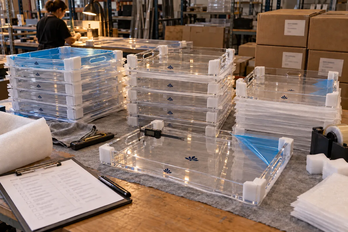 Clear acrylic tray with handles and a printed logo from this order lined up on the QC table before packing