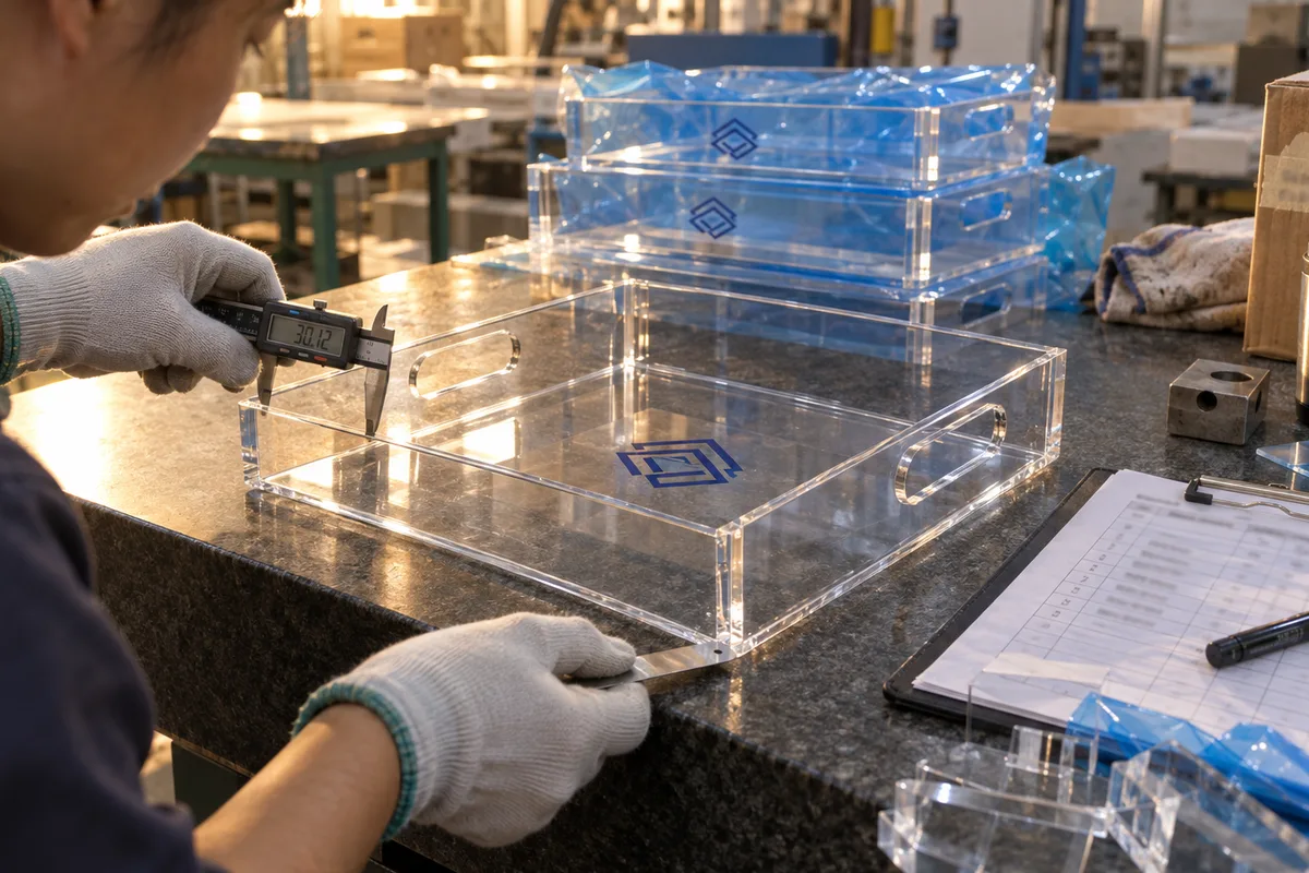 First-off inspection of a printed-logo clear acrylic tray with a caliper on a surface plate
