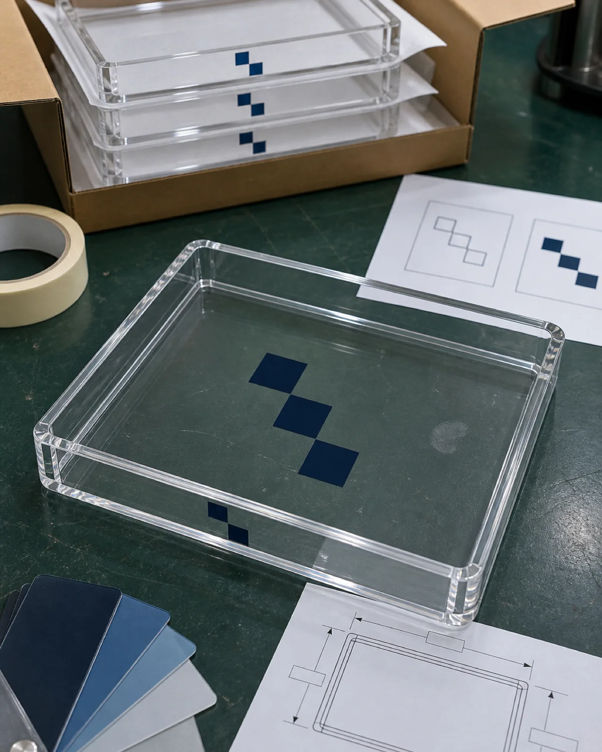 Clear acrylic tray with an abstract one-color geometric mark beside a vector proof, color swatches, dimension callouts, and protected nested packout