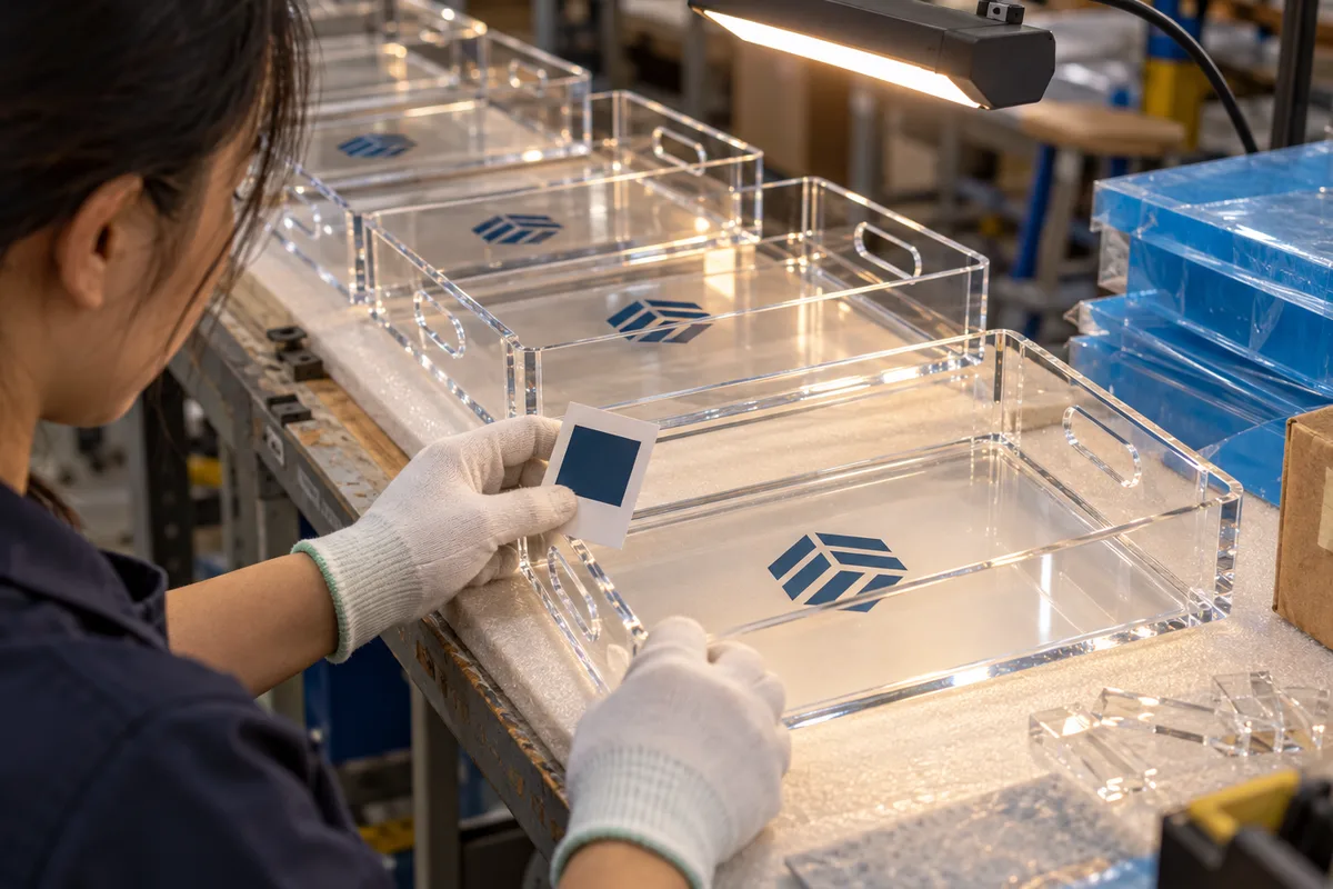Comparing a printed logo on clear acrylic trays with the approved color target