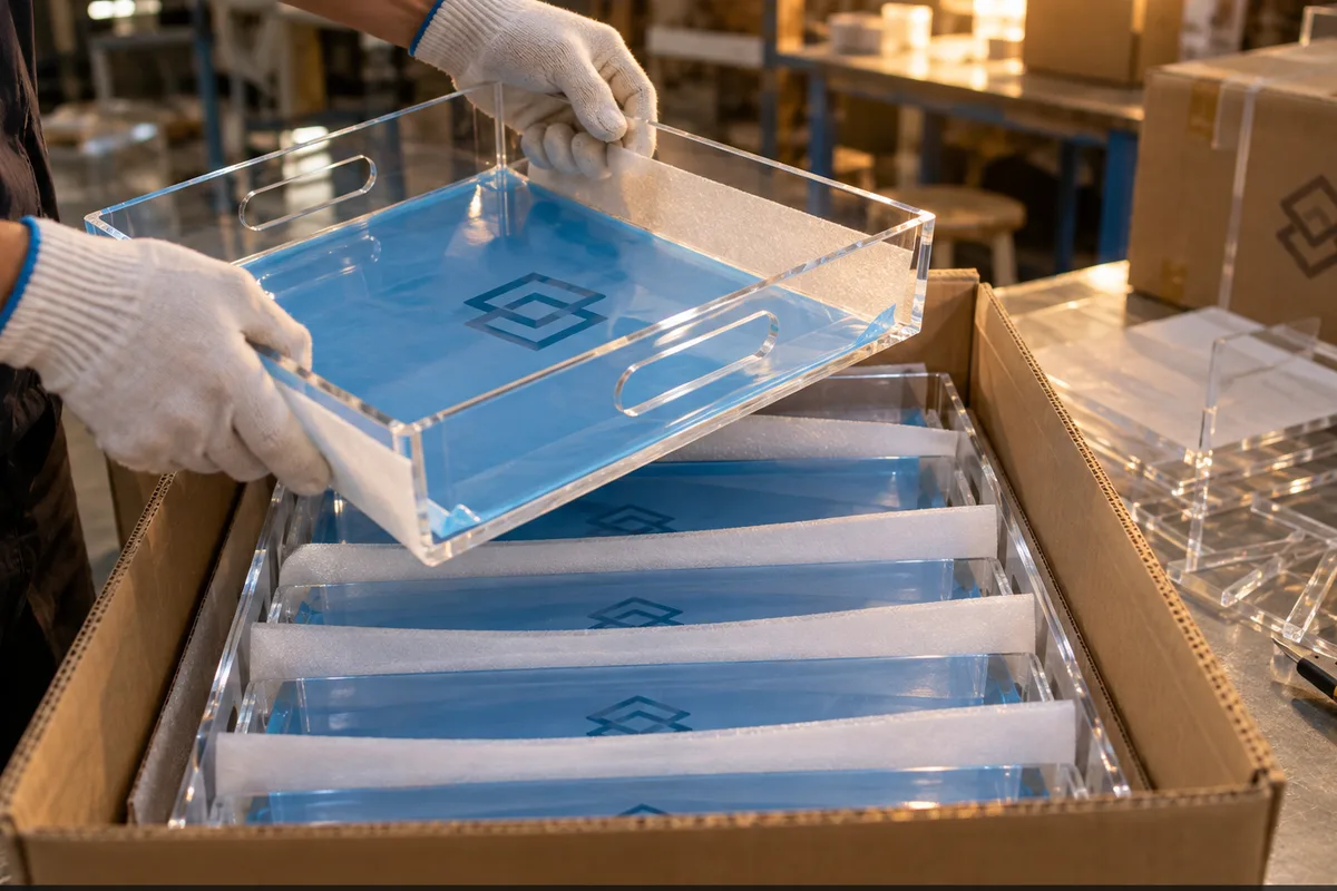 Clear printed-logo acrylic trays nested with film and interleaves in a carton