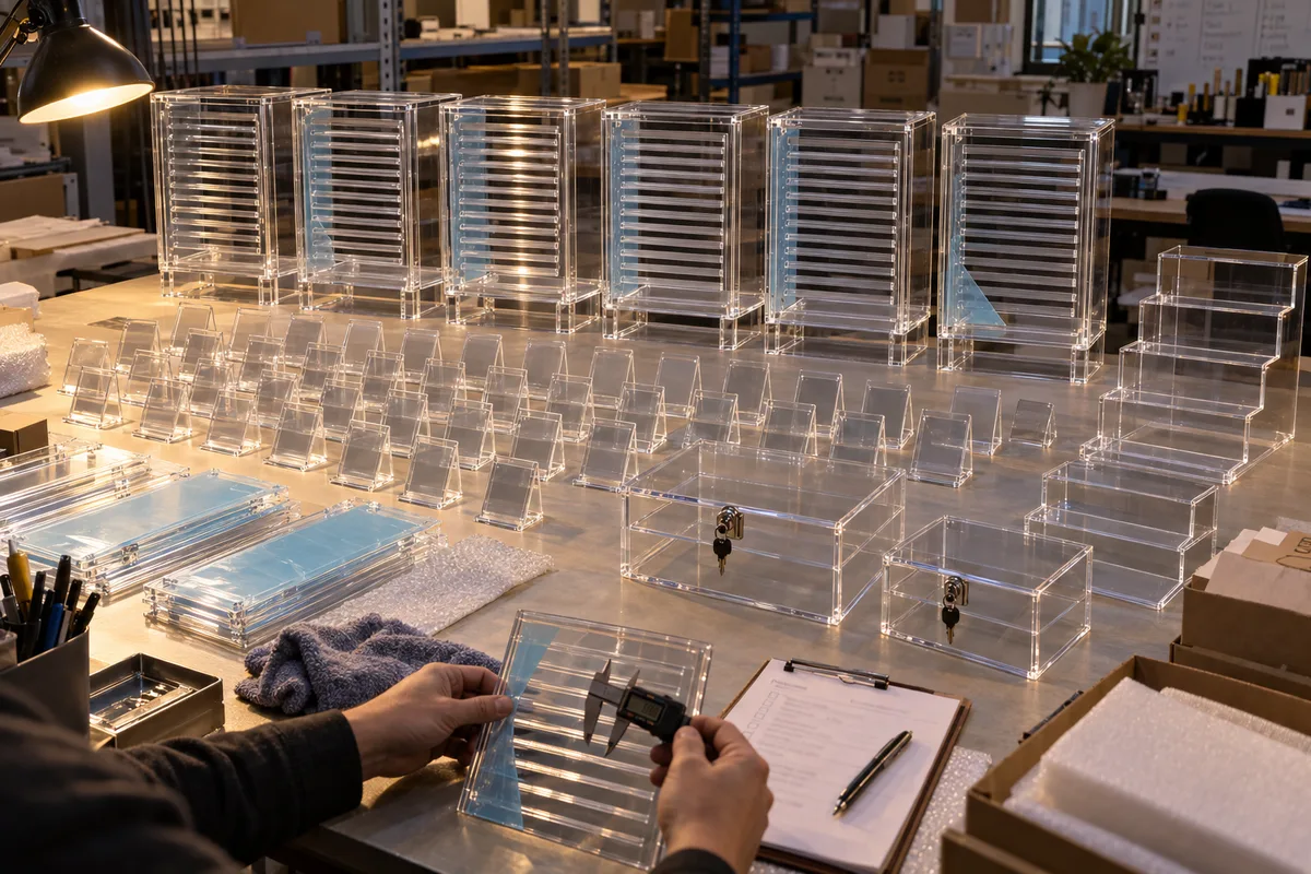 Louvered PS5 console enclosure plus sealed-game stands from this order lined up on the QC table before packing