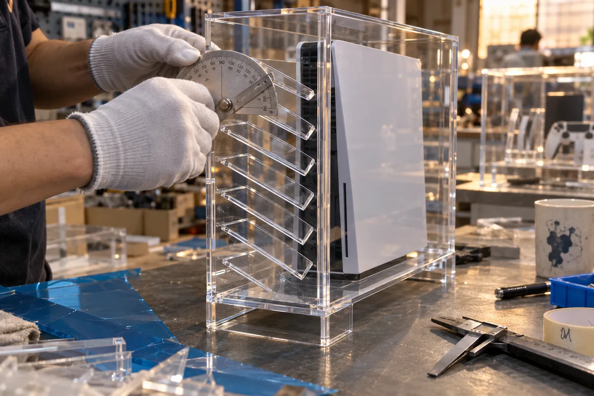 Downward-angled side louvers on a clear acrylic game console display enclosure