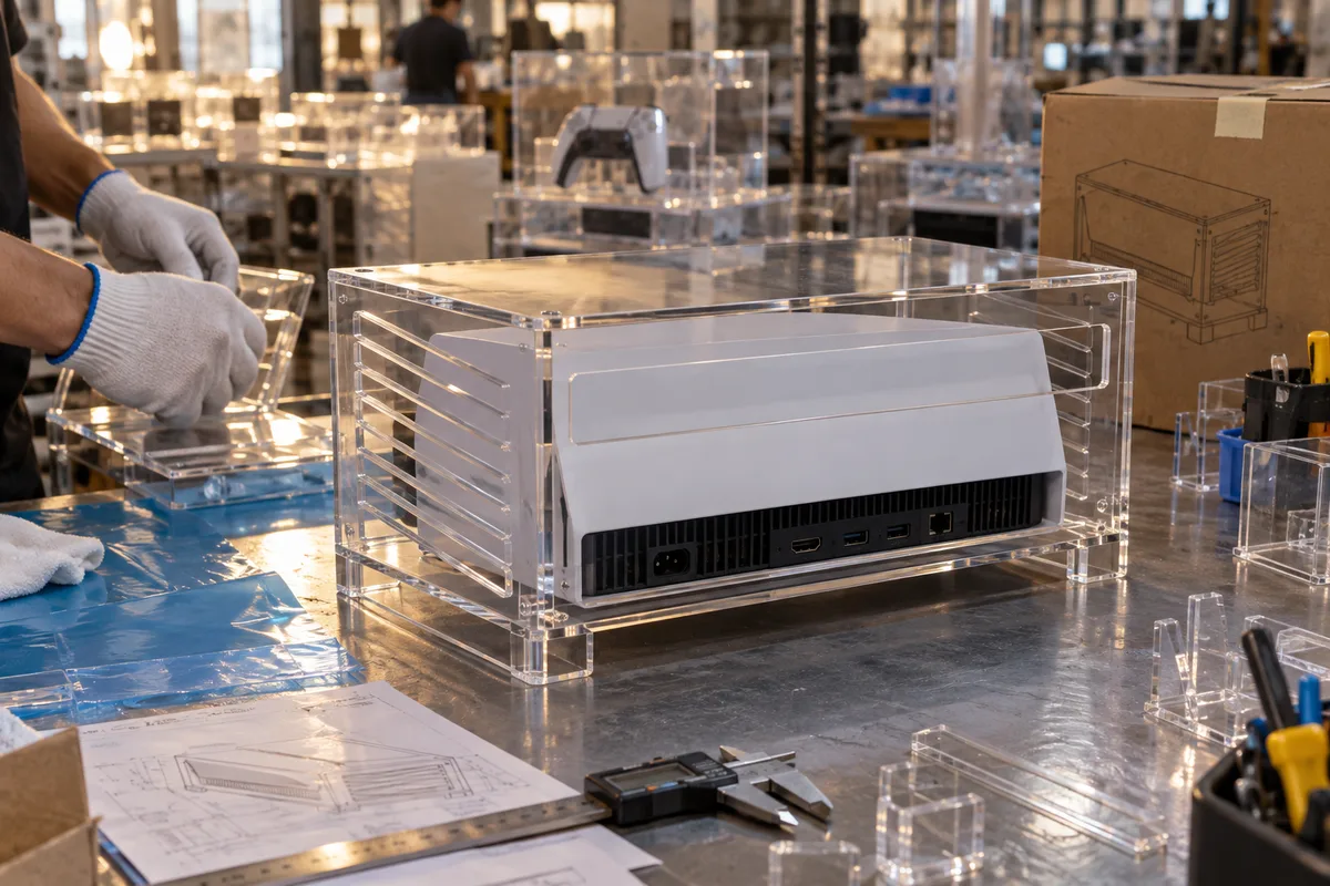 Rear exhaust cutout and raised plinth on a clear acrylic console display case