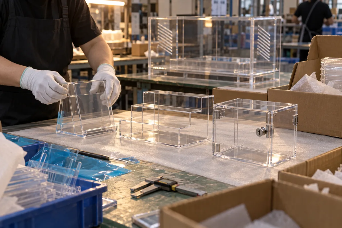 Clear acrylic game stands, counter tiers and lockable cases from a repeat order