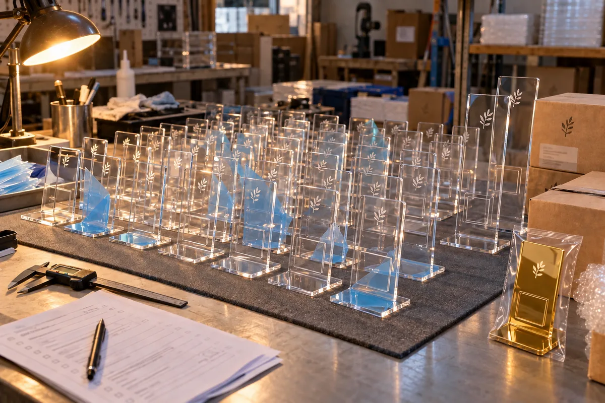 Acrylic QR code table stand from this order lined up on the QC table before packing