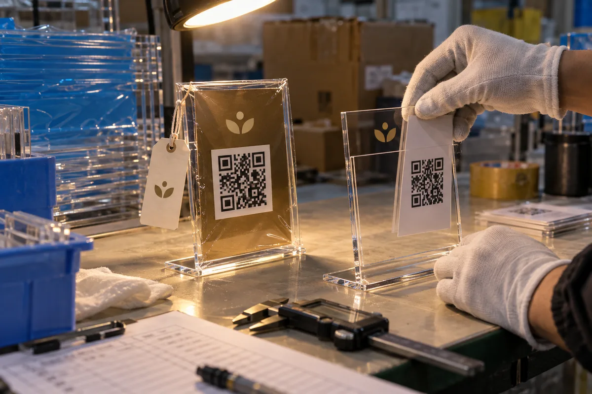 Clear acrylic QR code table stand from the production run compared with the sealed golden sample stand on a QC bench