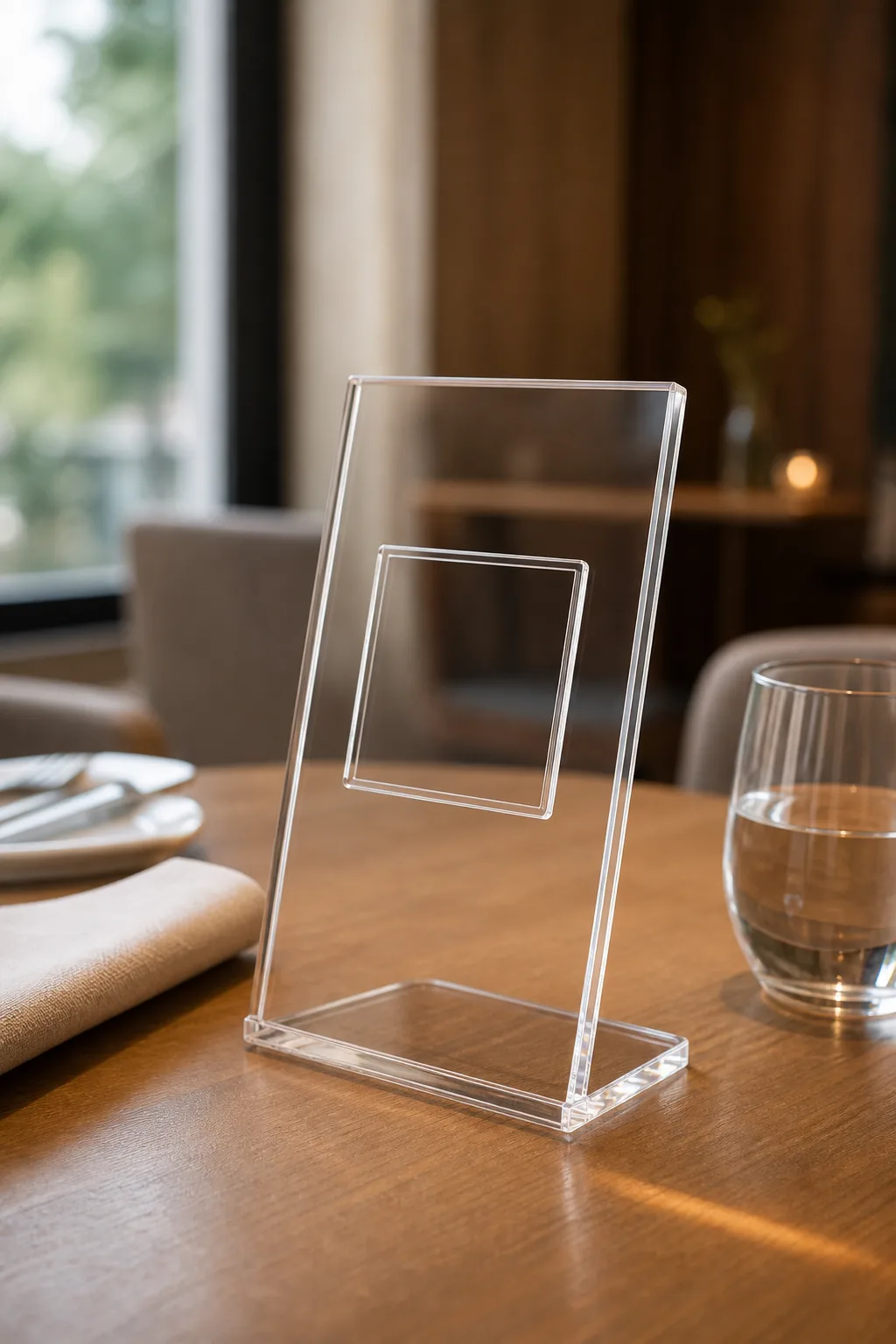 Custom acrylic QR code table stand with recessed code insert and silk-screened branding on a restaurant table, part of a 1,200-unit plexiglass rollout
