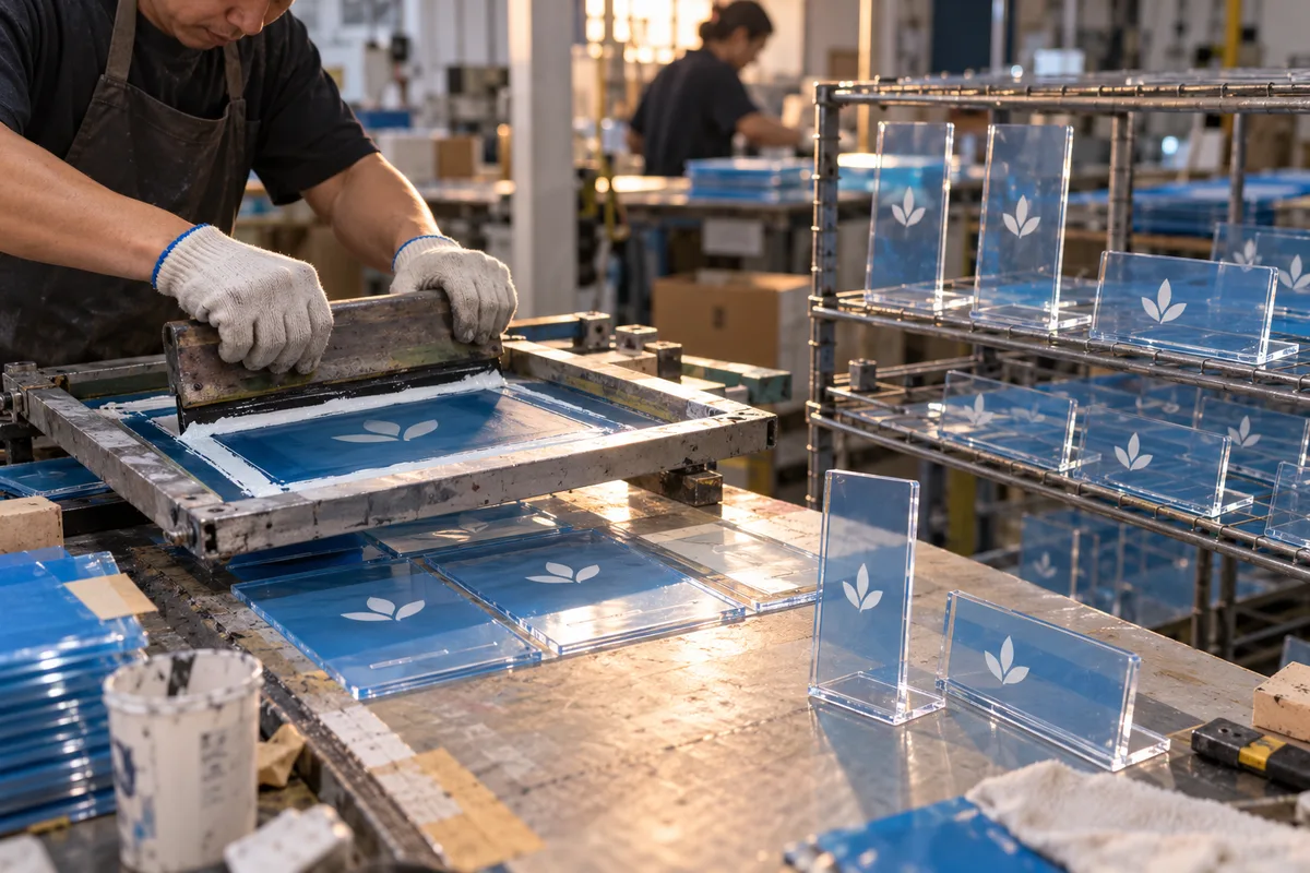 Screen printing a brand layer onto clear acrylic (plexiglass) QR stand panels in the workshop