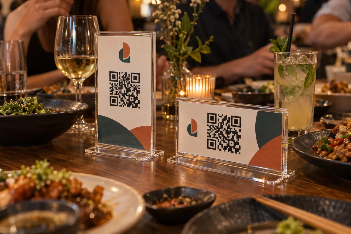Two formats of clear acrylic QR code table stands with replaceable inserts on a restaurant table
