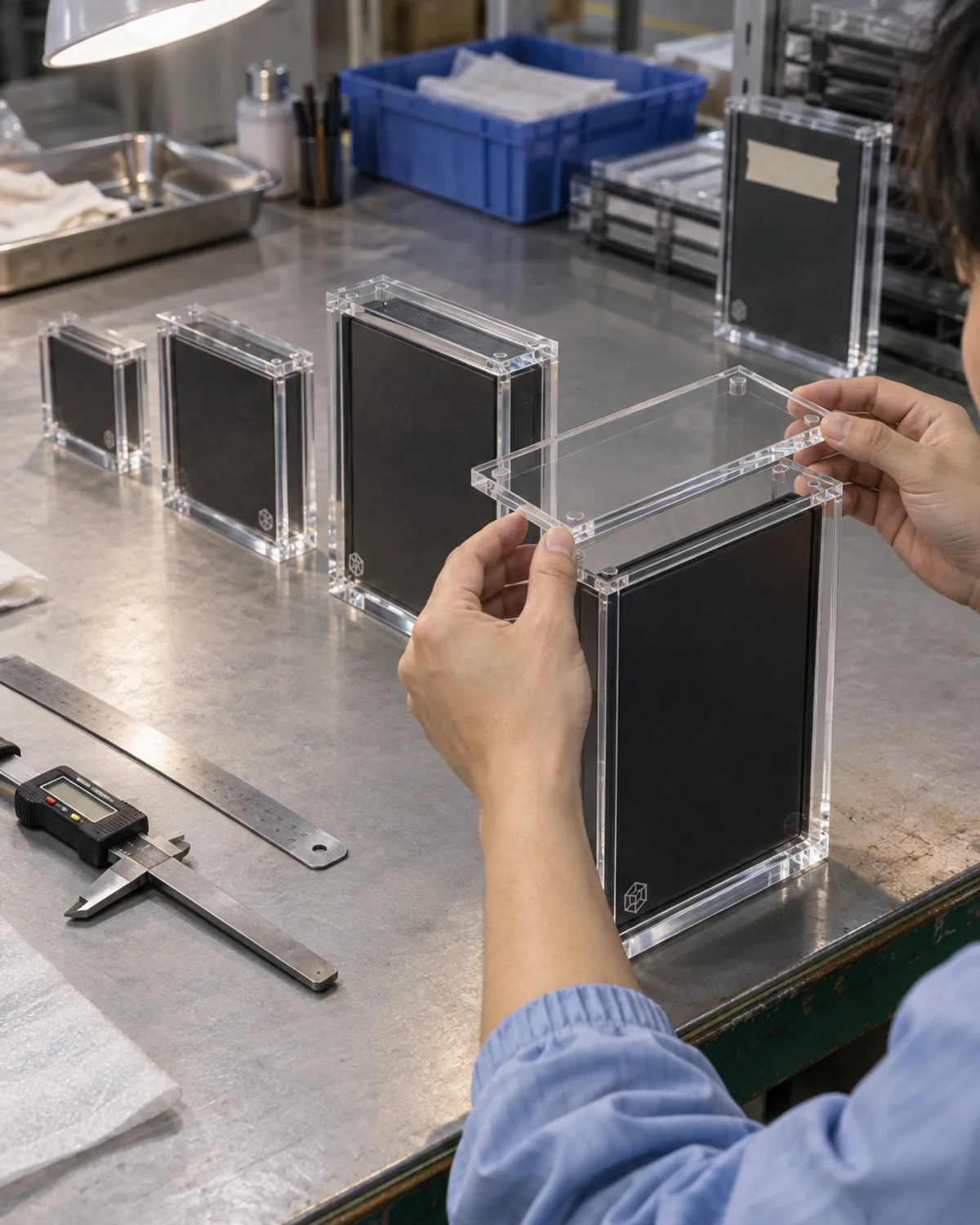 QC inspector's hands lifting the magnetic top lid off the largest of four clear acrylic retro game display cases lined up by size on a factory bench, with a tagged reference sample and a caliper beside them