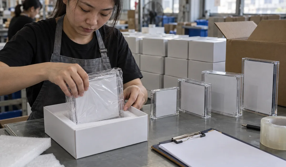 Factory packer placing a film-wrapped clear acrylic game display case into a plain white inner box with a foam insert, beside a row of closed white boxes and an open export carton
