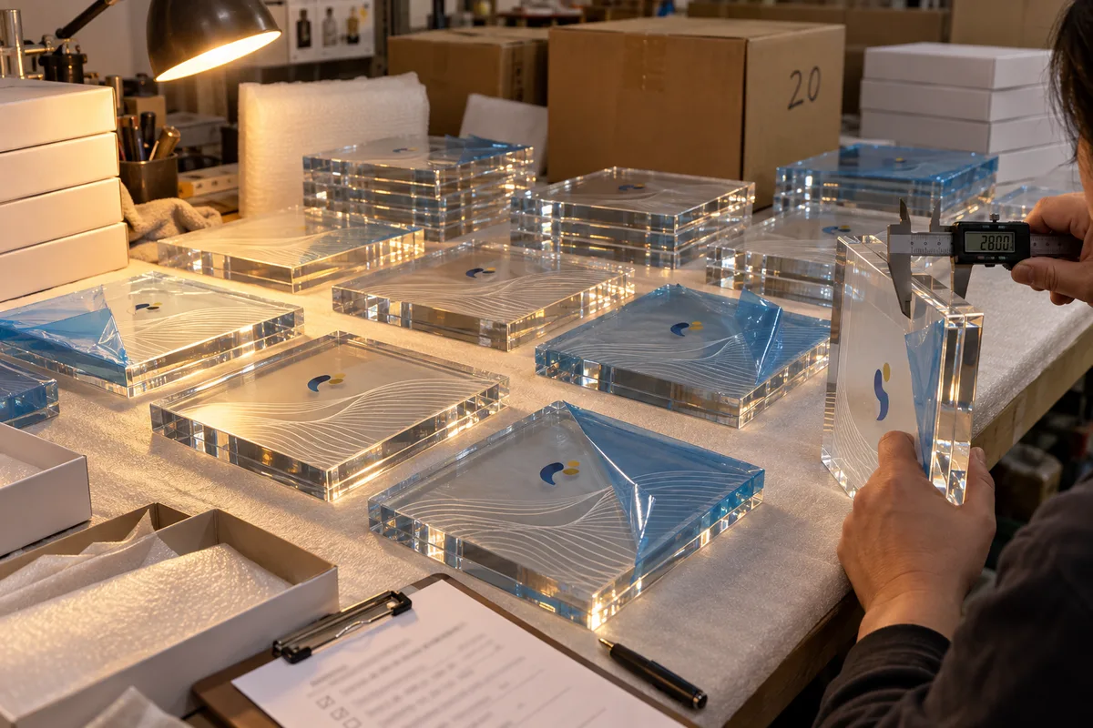 Square solid acrylic award from this order lined up on the QC table before packing