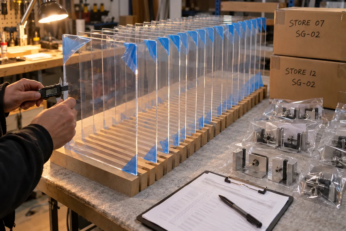Clamp-on acrylic sneeze guard panel with L-bracket clamp from this order lined up on the QC table before packing