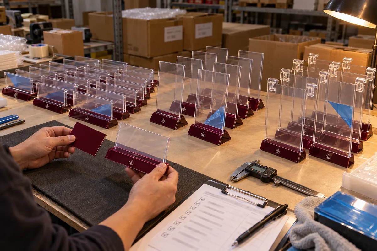 Branded shelf-edge acrylic sign holder family: shelf-edge from this order lined up on the QC table before packing
