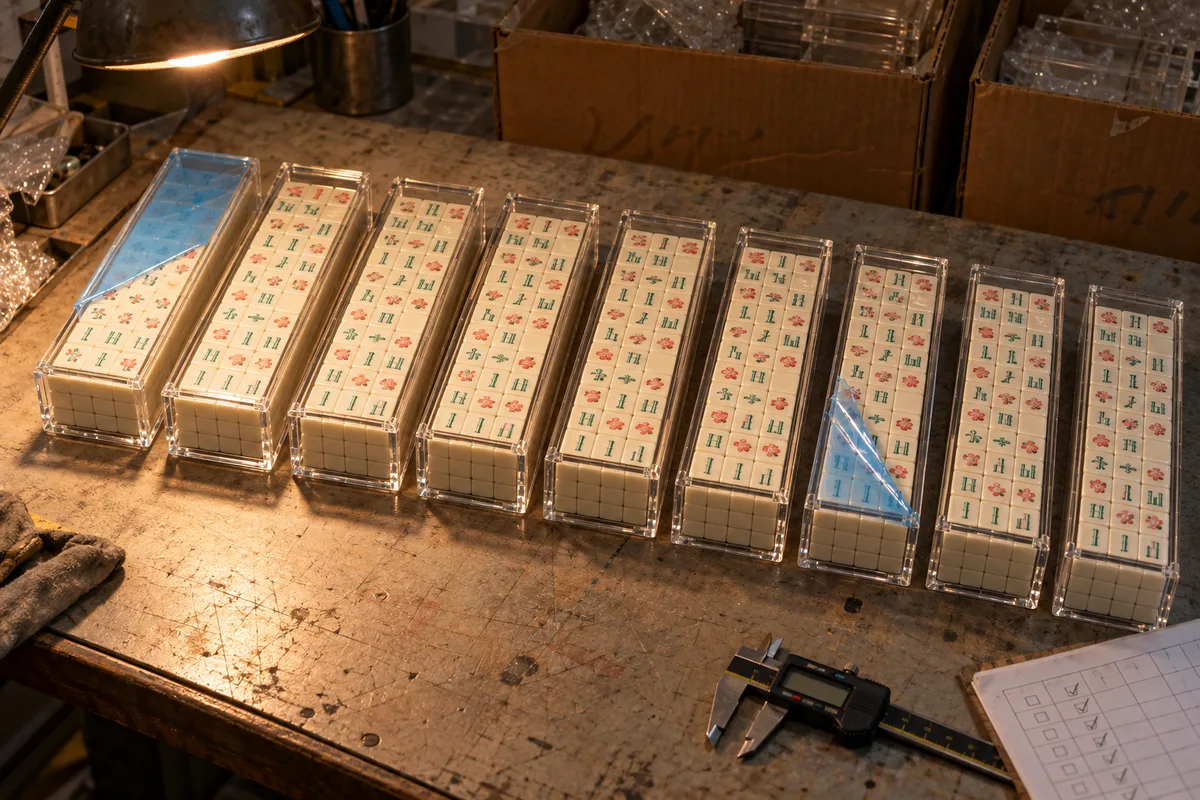 Row of finished clear sliding-lid acrylic mahjong tile cases filled with ivory tiles on a QC bench beside export cartons