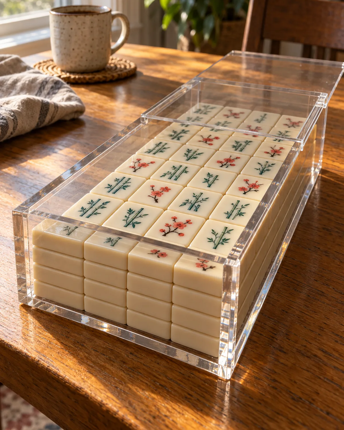 Clear 8 mm sliding-lid acrylic mahjong case holding ivory tiles in four stacked layers of 10 by 4 on a home dining table