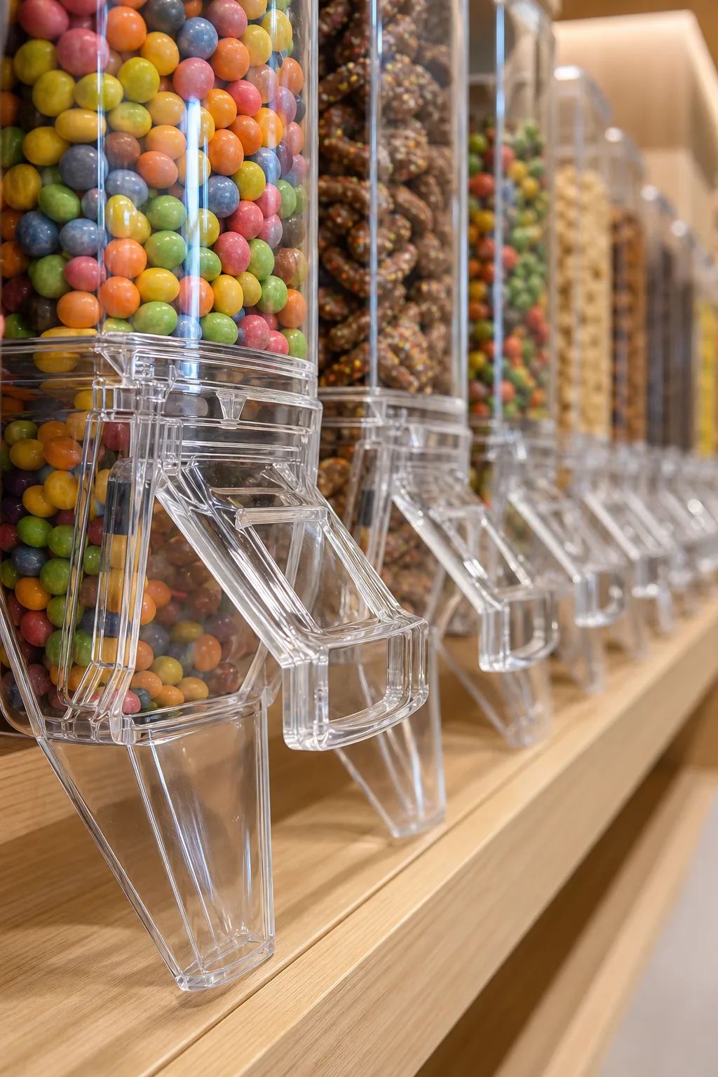 Bank of clear gravity-bin acrylic snack dispensers filled with loose candy on a UK retail store fixture, angled chutes and pull handles visible